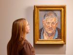 Installation view, Lucian Freud: Drawing into Painting, National Portrait Gallery, London. David Hockney, 2002, Lucian Freud, Oil on canvas © The Lucian Freud Archive. All Rights Reserved 2026 / Bridgeman Images, Lent by a private collection. Photo copyright © David Parry.