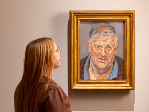 Installation view, Lucian Freud: Drawing into Painting, National Portrait Gallery, London. David Hockney, 2002, Lucian Freud, Oil on canvas © The Lucian Freud Archive. All Rights Reserved 2026 / Bridgeman Images, Lent by a private collection. Photo copyright © David Parry.