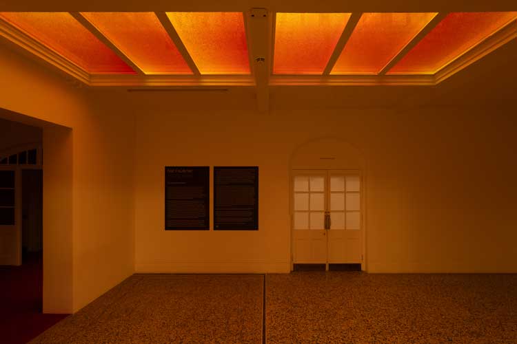 Nat Faulkner, Aperture (Iodine), 2026. Iodine solution, acrylic frame. Installation view, Nat Faulkner: Strong water, Camden Art Centre, London. Courtesy of the artist and Brunette Coleman. Photo: Rob Harris.