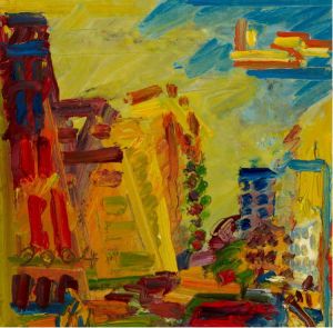 Frank Auerbach, Mornington Crescent, Summer Morning II, 2004. Oil on board, 51 x 51 cm. Ben Uri Collection. Acquired for the Ben Uri Collection in 2006 through the support and generosity of the Art Fund, MLA/V&A Purchase Grant Fund, Daniel and Pauline Auerbach, Frank Auerbach and Marlborough Fine Art London.