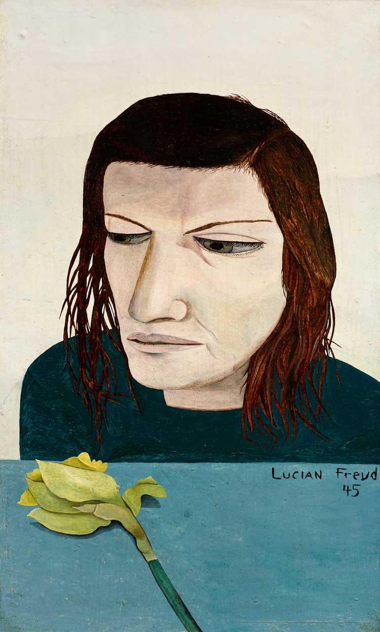 Lucian Freud. Woman with a Daffodil, 1945. Oil on canvas, 23.8 x 14.3 cm. The Museum of Modern Art, New York. © The Lucian Freud Archive. All Rights Reserved 2022 / Bridgeman Images.