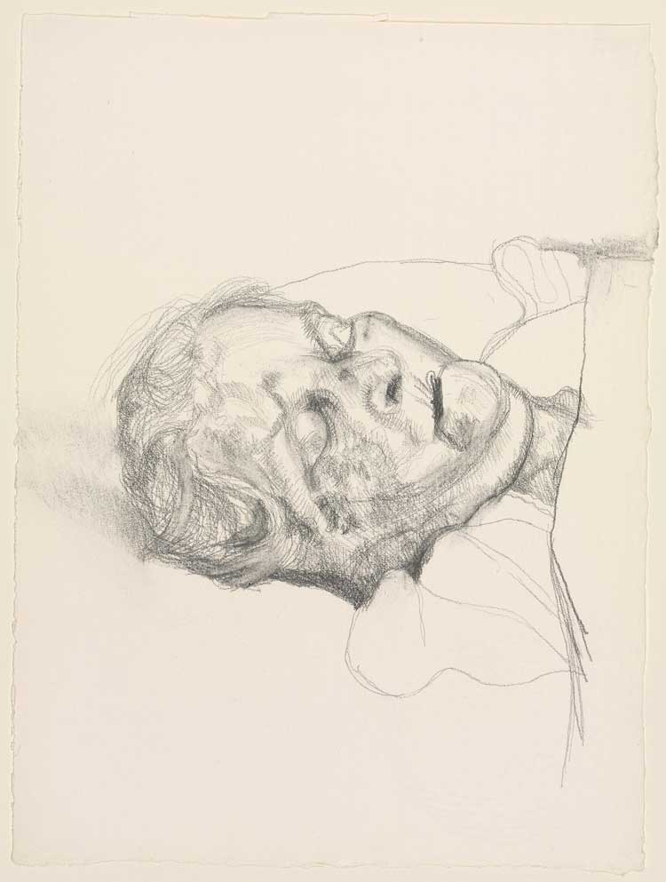 Lucian Freud. The Painter's Mother Dead, 1989. Charcoal on paper, 33.3 x 24.4 cm. The Cleveland Museum of Art. Delia E. Holden Fund 1989.100. © The Lucian Freud Archive. All Rights Reserved 2022 / Bridgeman Images.