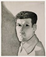 Lucian Freud. Man at Night (Self-Portrait), 1947-8. Ink and Conte on paper. 51.5 x 42.5 cm. Private collection. © The Lucian Freud Archive. All Rights Reserved 2022/ Bridgeman Images.