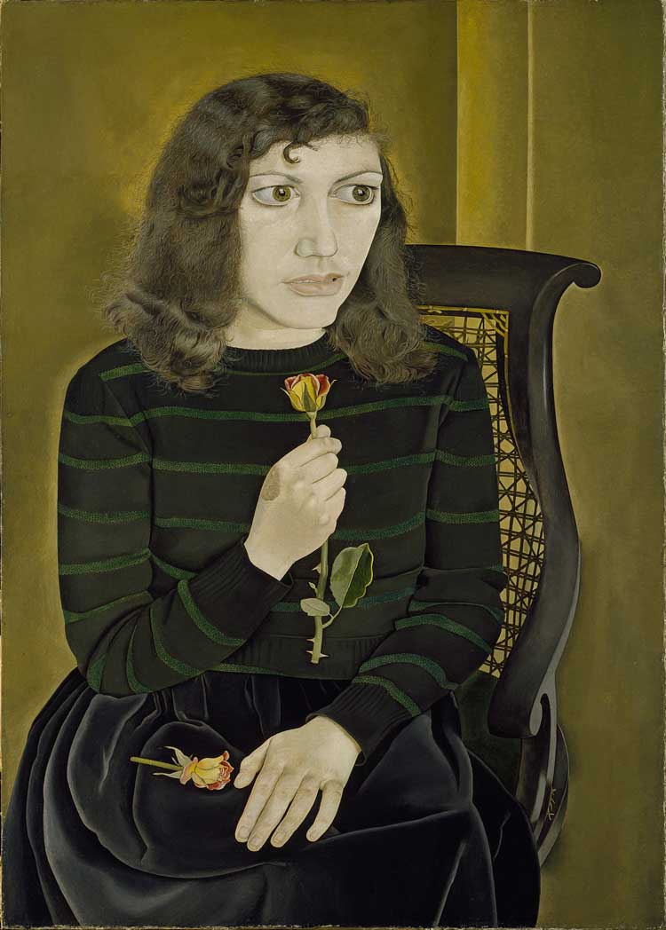 Lucian Freud. Girl with Roses, 1947-8. Oil on canvas, 105.5 x 74.5 cm. Courtesy of the British Council Collection. © The Lucian Freud Archive. All Rights Reserved 2022/ Bridgeman Images.
