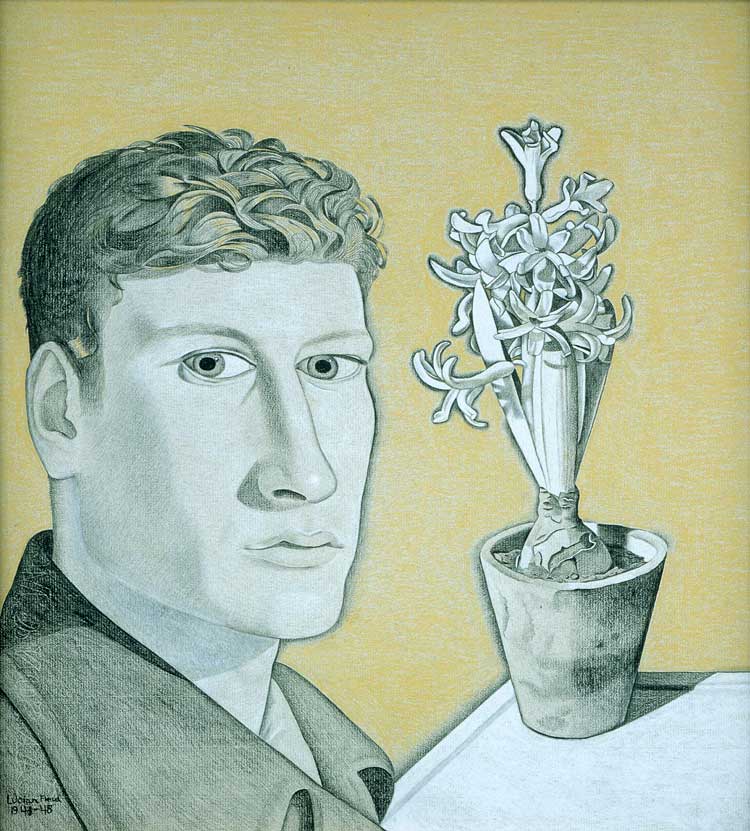 Lucian Freud. Self-portrait with Hyacinth Pot, 1947-8. Pencil and crayon on paper, 44.7 x 41.5 cm. Pallant House Gallery, Chichester. Wilson Gift through The Art Fund 2006. © The Lucian Freud Archive. All Rights Reserved 2022 / Bridgeman Images.