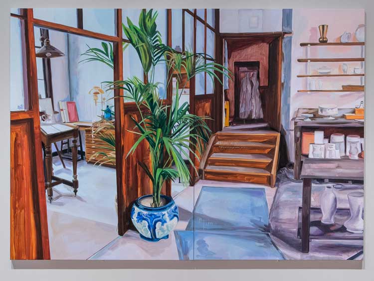 Anna Freeman Bentley, The Ticking Clock, 2022. Oil on canvas (diptych), 175 x 250 cm. Copyright Anna Freeman Bentley, courtesy Frestonian Gallery.
