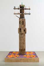 Danny Fox. The Centre of Earth, 2021. Wood, metal, fabric, wax, ceramic, 138 x 73 x 73 in (350.5 x 185.4 x 185.4 cm). Photo: Copyright the artist, courtesy of Saatchi Yates.