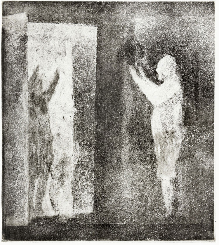 Peter Freeth. Mr Parkinson Practices his Surrender.
Aquatint, 26 × 23 cm. Image courtesy Art Space Gallery.