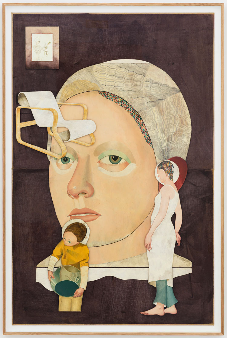 Jens Fänge, Grande Tête (Aalto), 2020. Oil, vinyl, inks on textile, copper plate and panel, 188 × 126 cm / unframed 178 × 116 cm. © Nora Bencivenni & Felix Berg. Courtesy the artist and Perrotin.