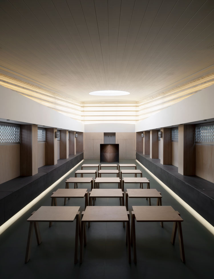 Interior with stools. Genesis, a floating faith space, designed by architects Denizen Works. Photo: Gilbert McCarragher.