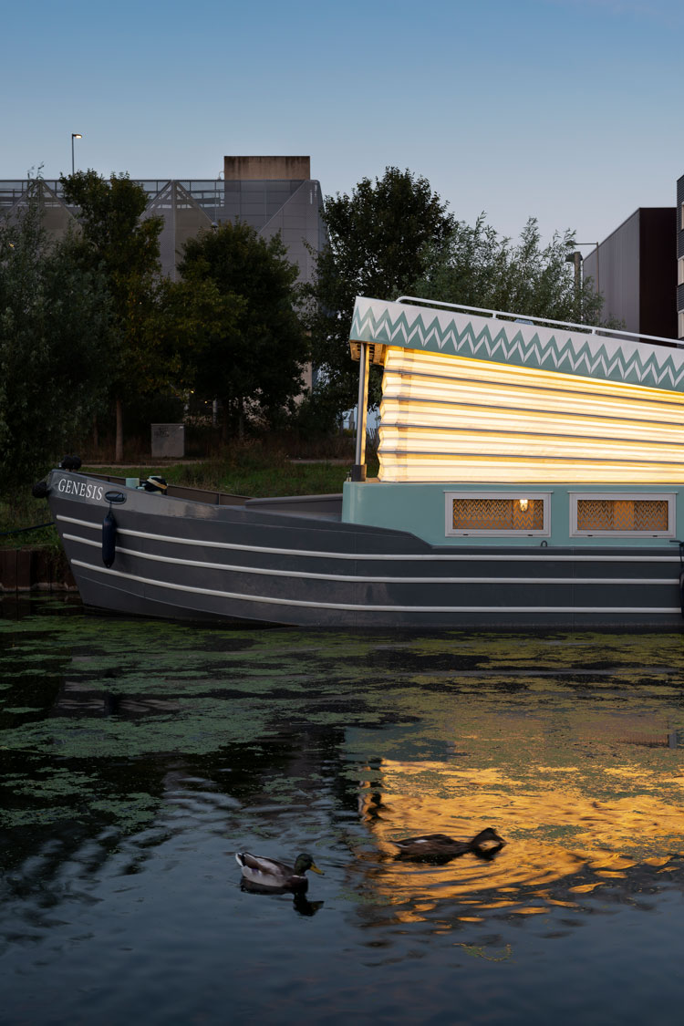 Exterior view with pop-up roof. Genesis, a floating faith space, designed by architects Denizen Works. Photo: Gilbert McCarragher.