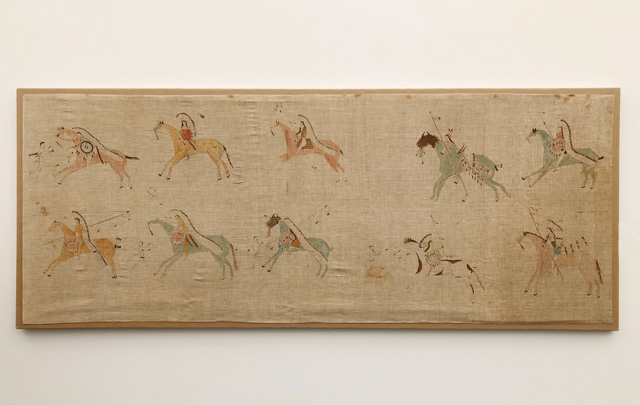 Pictographic Muslin, Sioux Northern Plains c1890. Ink and coloured ink on muslin, 32 × 82 1/2 in. Courtesy Donald Ellis Gallery.