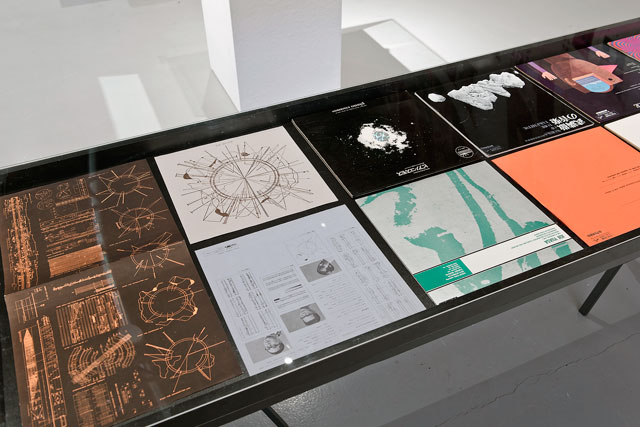 Installation view, showing LP sleeves and musical diagrams by Kohei Suiguira, from Fluorescent Chrysanthemum Remembered, CCA Laznia, Gdansk, Poland. Photo: Paweł Jozwiak.