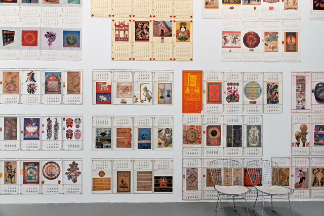 Installation view, showing a selection of Kohei Suiguira’s calendars, from Fluorescent Chrysanthemum Remembered, CCA Laznia, Gdansk, Poland. Photo: Paweł Jozwiak.