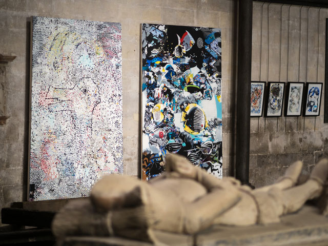 The Miracle of Thought (left) and The Miracle of The Deep (right) by Stephen Farthing RA. Installation view, Salisbury Cathedral. Photo: Ash Mills.