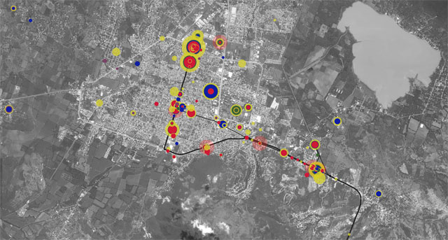 The Enforced Disappearance of the 43 Ayotzinapa Students 
Iguala, Mexico, 26-27 September 2014. The Ayotzinapa Platform enables users to explore the relationship between thousands of events and hundreds of actors from the night of 26-27 September 2014. Image: Forensic Architecture, 2017.