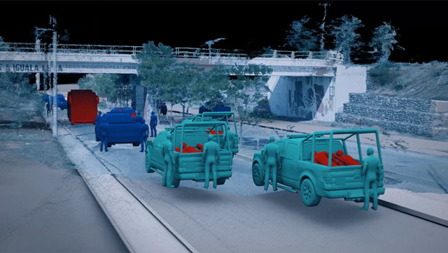 The Enforced Disappearance of the 43 Ayotzinapa Students 
Iguala, Mexico, 26-27 September 2014. At the Palacio de Justicia, between 12 and 14 students (red) were beaten up and loaded into the back of multiple police vehicles (turquoise). Image: Forensic Architecture, 2017.