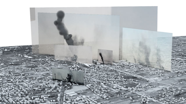 The Bombing of Rafah, Gaza, Palestine, 1 August 2014. Forensic Architecture located photographs and videos within a 3D model to tell the story of one of the heaviest days of bombardment in the 2014 Israel-Gaza war. The Image-Complex, Rafah: Black Friday, Forensic Architecture, 2015.
