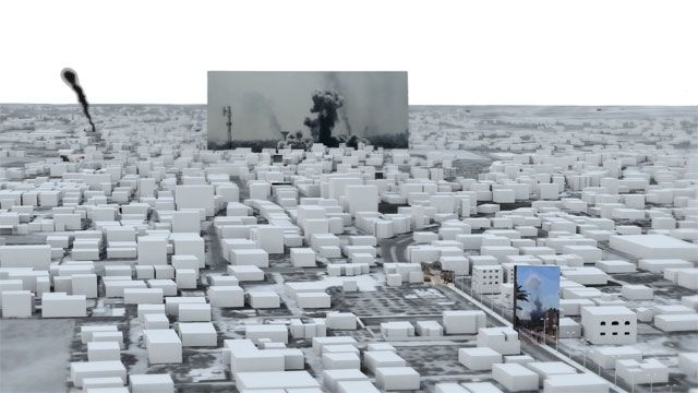 The Bombing of Rafah, Gaza, Palestine, 1 August 2014. The Image-Complex. The story of Rafah, Gaza on 1 August 2014 lies somewhere between hundreds of images and video clips existing in disparate locations, on the smartphones of activists, press clippings, and social media posts.  3D models provided an optical device and a means of composing the relation between multiple images and videos in space and time. This evidence-assemblage is what allowed for a narrative of events to emerge. Image: Forensic Architecture, 2015.