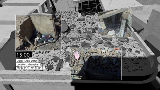 Drone Strike in Miranshah, North Waziristan, Pakistan, 30 March 2012. A composite image merges news footage of a home destroyed in a drone strike on Miranshah, North Waziristan, Pakistan together with Forensic Architecture’s 3D modelling. Shadow analysis was used to corroborate the approximate time (15:00) the video was shot. Image: Forensic Architecture, 2016.