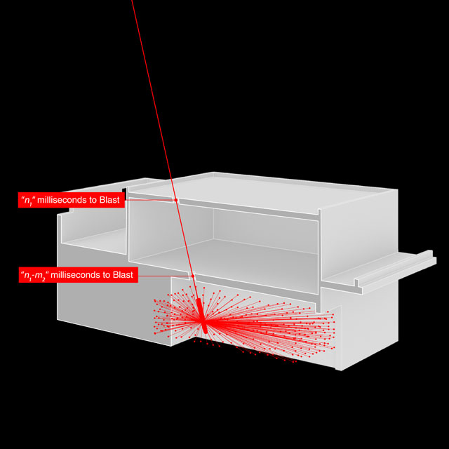 Drone Strike in Miranshah, North Waziristan, Pakistan, 30 March 2012. The delayed fuse missile was designed to penetrate through roofs, floors and walls before detonating deep within the building. Image: Forensic Architecture, 2016.