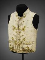 Man’s silk waistcoat embroidered in silk with a pattern of macaque monkeys, 1780-89. © Victoria and Albert Museum, London.