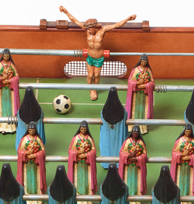 Nancy Fouts. Foosball Madonna Table, 2016 (detail). Wood and oil paint, 71 x 90 x 48 cm. © Nancy Fouts, Courtesy of Flowers Gallery.