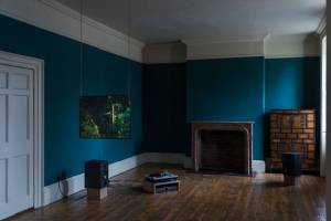 Louisa Fairclough. A Rose, 2017. 1 x 16mm film looped (colour, silent, 9 min) projected onto a suspended acrylic screen, 1 x performance for a field recording pressed onto dubplate vinyl (20 min). Installation view: A Song cycle for the Ruins of a Psychiatric Unit, Danielle Arnaud Gallery, 2017. Photograph: Oskar Proctor. Courtesy the artist and Danielle Arnaud.