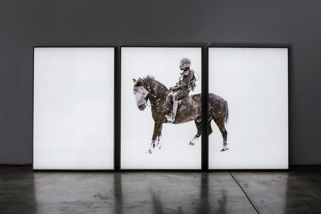 Patrick Bernatchez. À la recherche du jour d'après, 2012. (Exhibition view at Diaz Contemporary/Toronto). Inkjet print on translucent plastic film, three light boxes, 182.8 x 365.8 cm (182.8 x 121.9 cm each light box). Photograph: Toni Hafkenscheid.