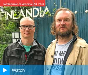 Nathaniel Mellors and Erkka Nissinen’s talk to Studio International about their film The Aalto Natives for the Pavilion of Finland, Venice 2017. Photograph: Martin Kennedy.