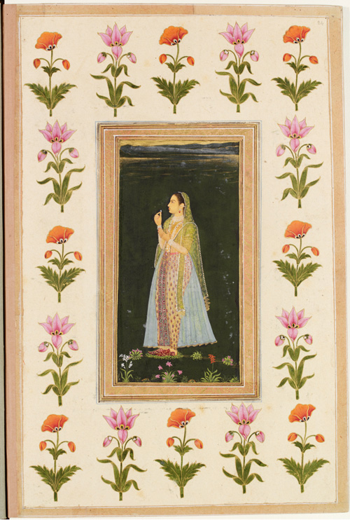 A Muslim lady holding a flower, watercolour and gold on paper, Mughal, late 17th century. Victoria and Albert Museum, London.