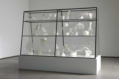 Fiona Hall, <i>Cell Culture</i> 2002. Glass, metal, pvc, beads in vitrine. Vitrine : 158.1 x 250.2 x 90.2 cm, sculptural elements:  dimensions variable. Collection of the Art Gallery of South Australia, Adelaide. Funded by the South Australia Government Grant 2002. Photo: Jens Ziehe