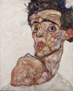 Egon Schiele. Self Portrait with Raised Bared Shoulder, 1912. Oil on wood, 42.2 x 33.9 cm. © Leopold Museum Private Foundation, Vienna.