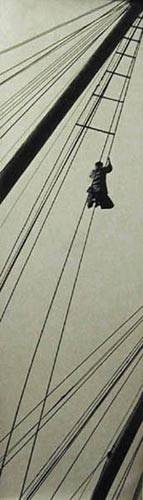 Fan Ho. <em>Man on the Ropes</em>, 1960. 18.875 x 5.75-inch gelatin silver print. Courtesy Laurence Miller Gallery, New York.