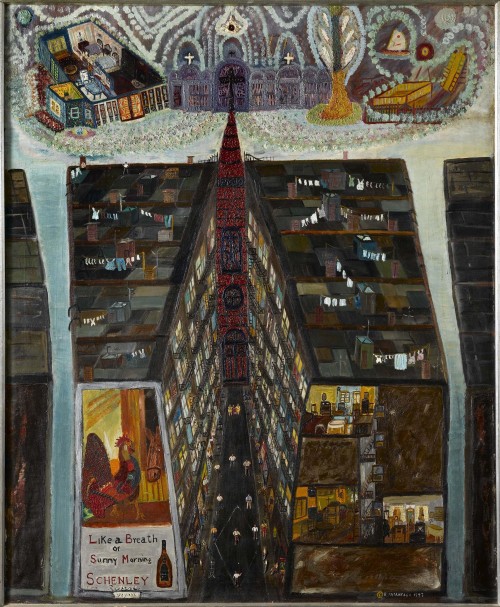 Ralph Fasanella. Pie in the Sky, 1947. Oil on canvas, 46 x 38 in. Collection American Folk Art Museum, New York. Gift of Eva Fasanella and her children, Gina Mostrando and Marc Fasanella, 2005.5.4. Photograph: Gavin Ashworth.