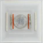 Paul Feiler. Square Relief LIII, 2011. Silver and gold leaf, aluminium, perspex, 16 x 16 in. © Redfern Gallery and the Estate of Paul Feiler.