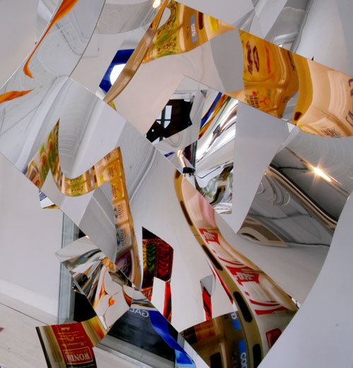 Machiko Agano. <em>Untitled</em>, 2011. Five pieces, inkjet-printed mirror sheet. Each 98½ × 39⅜ × 39⅜ in (250 × 100 × 100 cm). Courtesy of the artist.