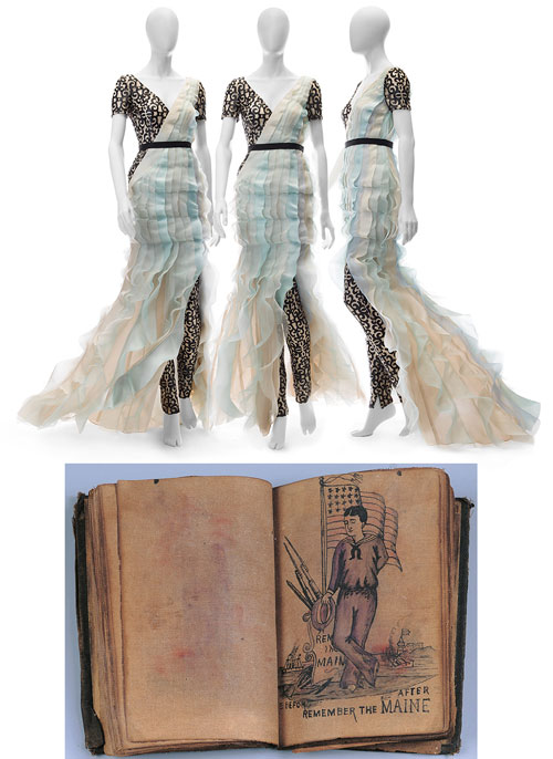 Top: Original ensemble by Bibhu Mohapatra. Photograph: Mete Ozeren. Below: Tattoo Pattern Book, artist unidentified. New York City, 1873–1910. Ink on oiled cloth, with buckram binding, 4 1/2 x 3 1/4 x 3/4 in (closed). Collection American Folk Art Museum, New York. Anonymous gift. Photograph: Gavin Ashworth, New York.