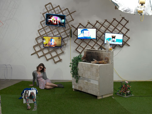 Ed Fornieles, Modern Family,  2014, installation view (3). Commissioned by Chisenhale Gallery. Courtesy of Carlos/ Ishikawa, London. Performer: Flora Wellesley Wesley. Photograph: Andy Keate.