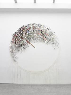 Mark Fox. In A Fool's House, 2013. Watercolour, ink acrylic, gouache, oil, colour pencil, graphite, marker, pen, crayon on paper, found broom, gallery dirt, 144 inch diameter. Courtesy of the artist.