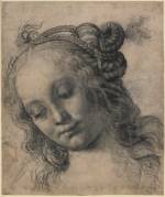 Andrea del Verrocchio. <em>Head of a woman</em>, 1470s. Charcoal and white heightening. The artist was a Florentine goldsmith, sculptor and painter whose busy and productive workshop attracted students such as Leonardo and Lorenzo di Credi to work there. Copyright the Trustees of the British Museum.