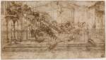 Leonardo da Vinci (1452-1519). Study for the background of the <em>Adoration of the Magi</em>, about 1481. Metalpoint, pen and brown ink, brown wash, touches of lead white heightening, over stylus and compass incising, on cream preparation. Copyright the Gabinetto Disegni e Stampe degli Uffizi.