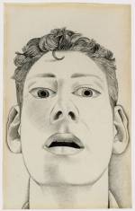 Lucian Freud. <em>Startled Man: Self Portrait (for Equilibriad, 1948),</em> 1948. Pencil 22.9 x 14.3 cm (9.02 x 5.63 in). © Lucian Freud, courtesy of the Lucian Freud Archive.