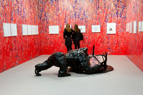 Angus Fairhurst’s blood-red abstract spatterings on the walls at Sadie Coles HQ. Photograph: Linda Nylind. Courtesy of Linda Nylind/Frieze, 2014.