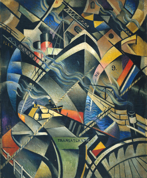 Christopher Richard Wynne Nevinson. 
        <em>The Arrival</em>, 1913. Oil on canvas, 762 x 635 mm. Copyright © Tate. Presented by the artist's widow 1956. Photo: Tate Photography.