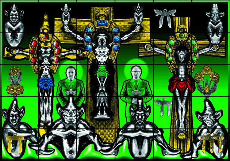 Gilbert & George, Heterodoxy, 2005. 125 3/16 x 178 3/8 in. (318 x 453 cm). © Gilbert & George. Courtesy of Gilbert & George and White Cube.
