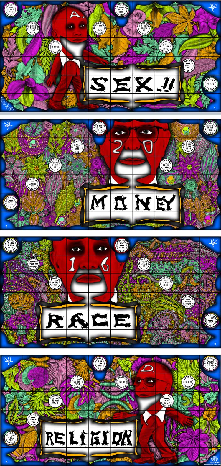 Gilbert & George, Sex Money Race Religion, 2016. Dimensions variable. © Gilbert & George. Courtesy of Gilbert & George, Fondation Louis Vuitton, Paris and White Cube.
