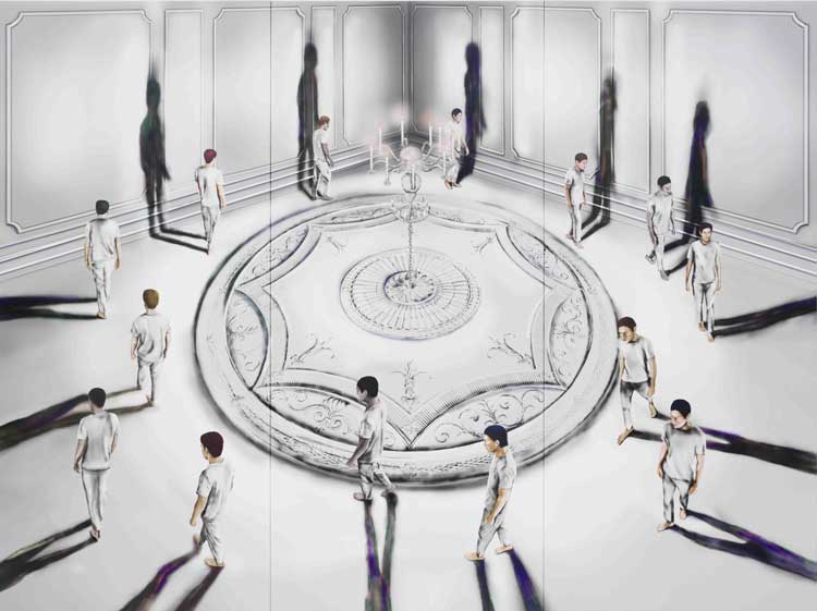Louisa Gagliardi. Roundabout, 2023. Nail polish, gel medium, ink on PVC, 270 x 360 cm. Ringier Collection, Switzerland.