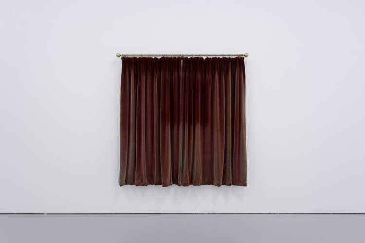 Sophia Al-Maria and Lydia Ourahmane. Curtains, 2024. Velvet, brass. Installation view, Grey Unpleasant Land at Spike Island, Bristol, 2024. Photo: Rob Harris.