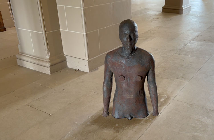 This figure, installed in the stone floor of the hallway, is used as the datum level for all 100 sculptures. Antony Gormley: Time Horizon, Houghton Hall, Norfolk, 21 April – 31 October 2024. Photo: Martin Kennedy.
